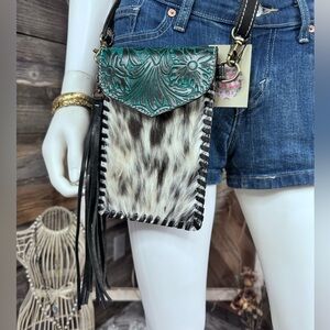 Boutique Brand Calf Hair Hand Stamped Leather Crossbody Bag Purse